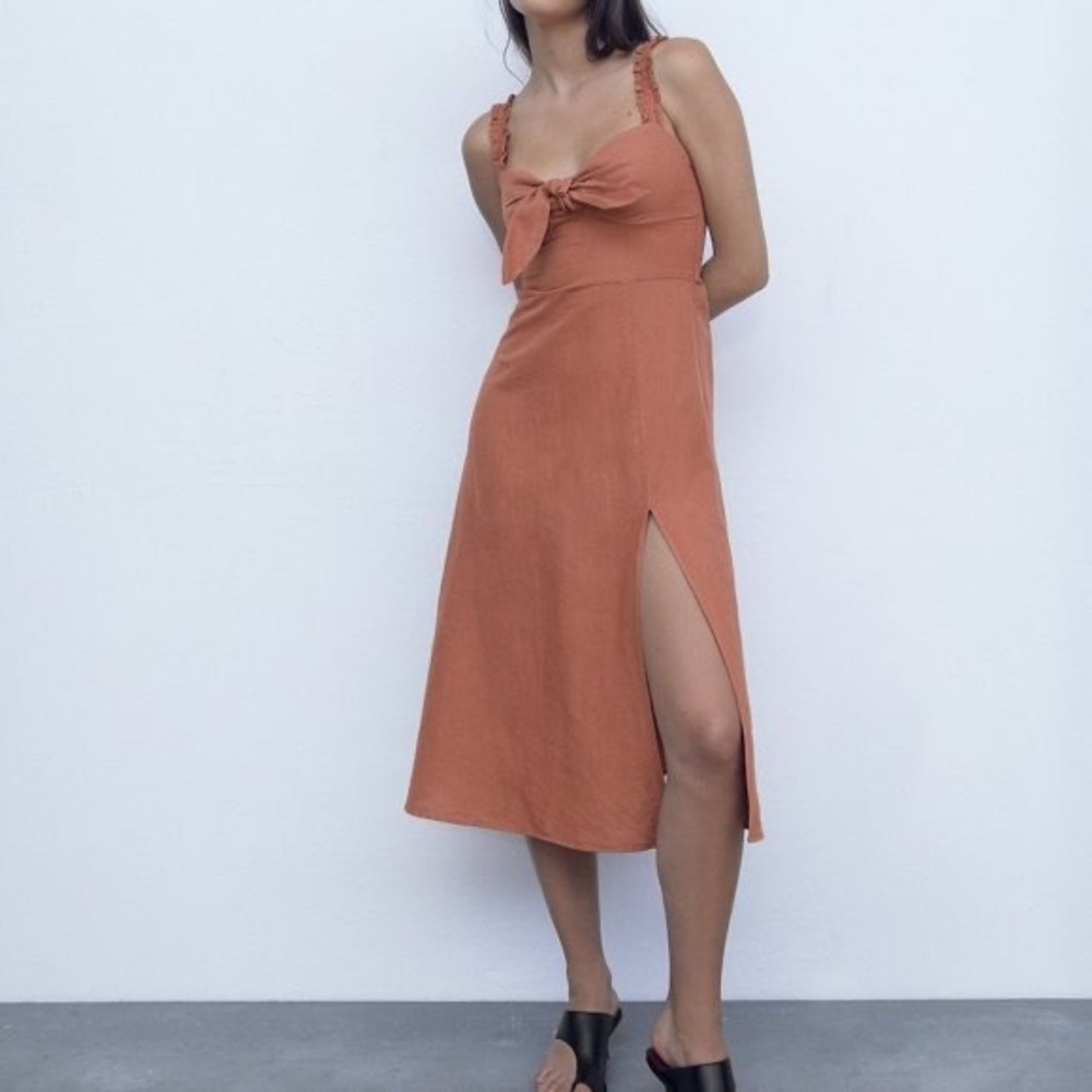 Zara Womens Linen Terracotta‎ Tie Front Ruffle Midi Dress Rust Size M Romantic